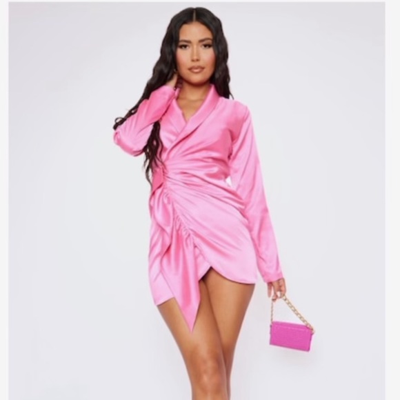 PrettyLittleThing Dresses & Skirts - Pink Satin Plunge Drape Detail Blazer Dress